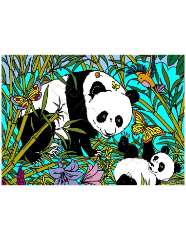 La famille Panda. Tableau à colorier Sericolor® avec contours relief en velours