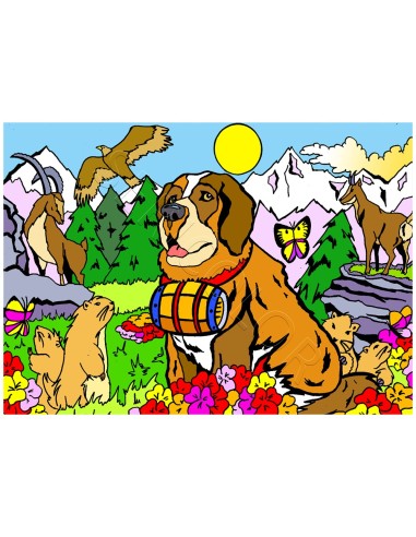 Le Saint-Bernard et ses amis de la Montagne. Tableau à colorier Sericolor® avec contours relief en velours