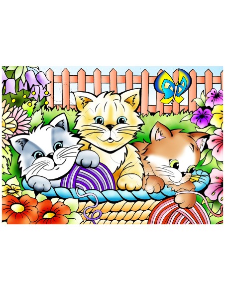 Les 3 chatons. Tableau à colorier Sericolor® avec contours relief en velours