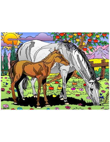 La jument et son poulain. Tableau à colorier Sericolor® avec contours relief en velours