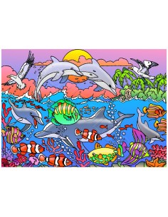 La ronde des dauphins et des poissons. Tableau à colorier...