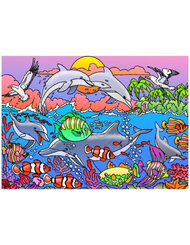 La ronde des dauphins et des poissons. Tableau à colorier Sericolor® avec contours relief en velours