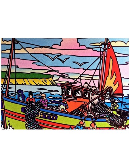La pêche en mer. Tableau à colorier Sericolor® avec contours relief en velours