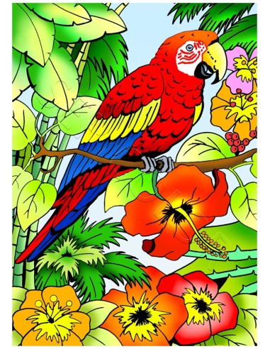 Le perroquet sur sa branche. Tableau à colorier Sericolor® avec contours relief en velours