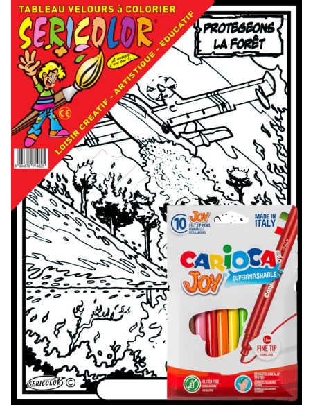 Le pompier et le canadair. Tableau à colorier Sericolor® avec contours relief en velours