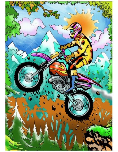 La moto cross. Tableau à colorier Sericolor® avec contours relief en velours