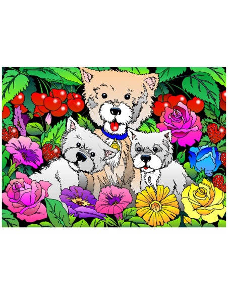 Les 3 chiens. Tableau à colorier Sericolor® avec contours relief en velours