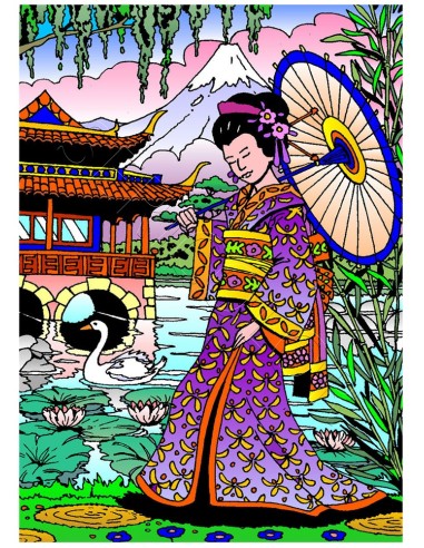 Une geisha au Japon. Tableau à colorier Sericolor® avec contours relief en velours