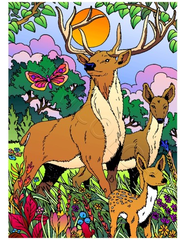 Le cerf, la biche et leur petit. Tableau à colorier Sericolor® avec contours relief en velours