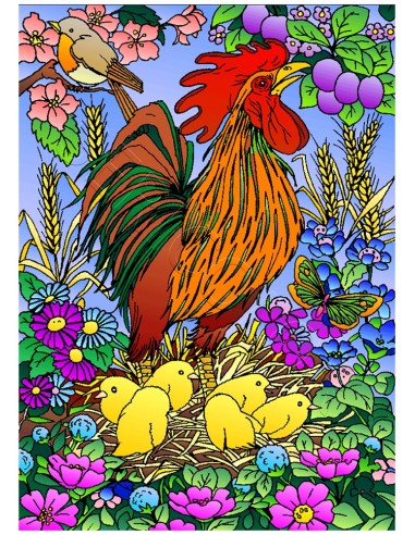 Le coq et ses poussins. Tableau à colorier Sericolor® avec contours relief en velours