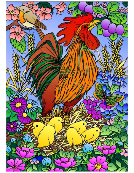 Le coq et ses poussins. Tableau à colorier Sericolor® avec contours relief en velours