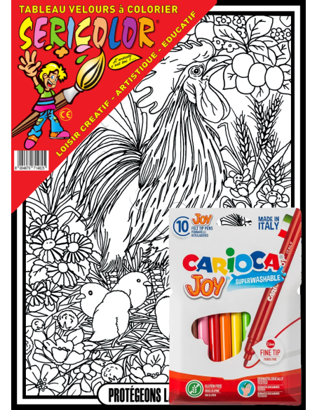 Le coq et ses poussins. Tableau à colorier Sericolor® avec contours relief en velours