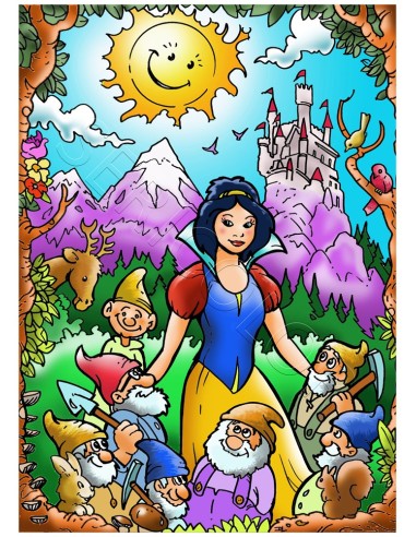Blanche-Neige et les 7 nains. Tableau à colorier Sericolor® avec contours relief en velours