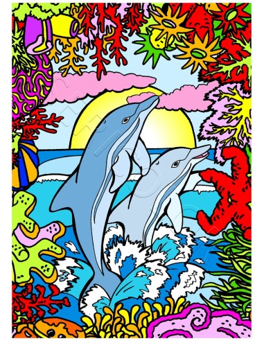 Les 2 dauphins. Tableau à colorier Sericolor® avec contours relief en velours