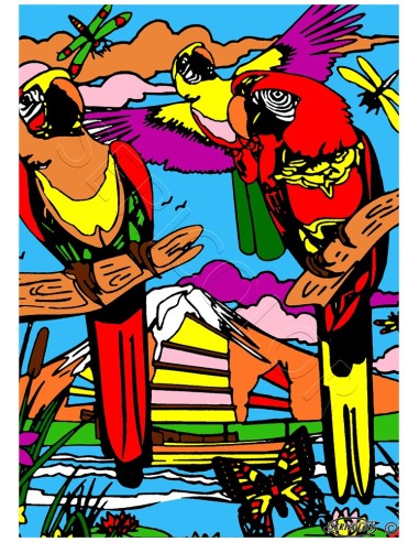 Les perroquets au bord de la rivière. Tableau à colorier Sericolor® avec contours relief en velours