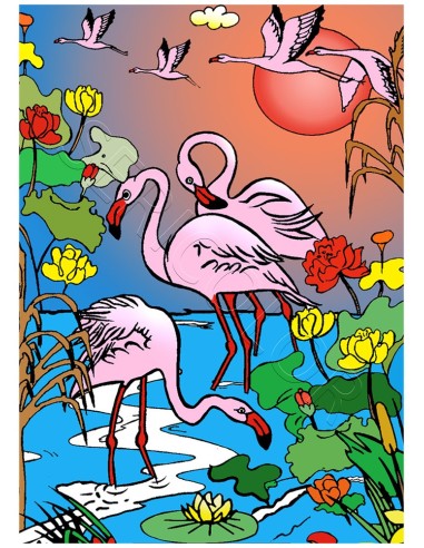 Les flamands roses. Tableau à colorier Sericolor® avec contours relief en velours