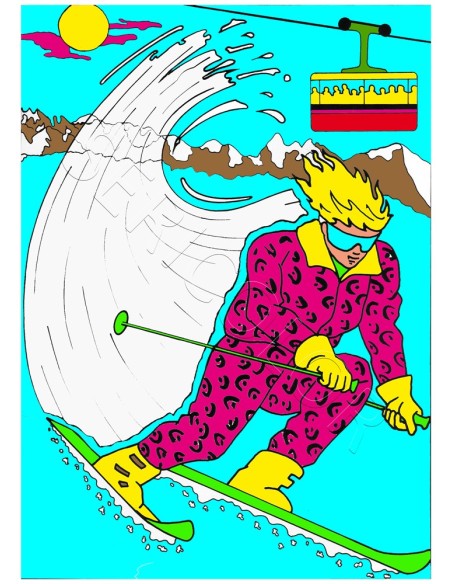 La skieuse. Tableau à colorier Sericolor® avec contours relief en velours