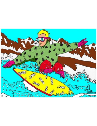 Le surf des neiges. Tableau à colorier Sericolor® avec contours relief en velours