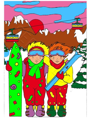 Les enfants au ski. Tableau à colorier Sericolor® avec contours relief en velours