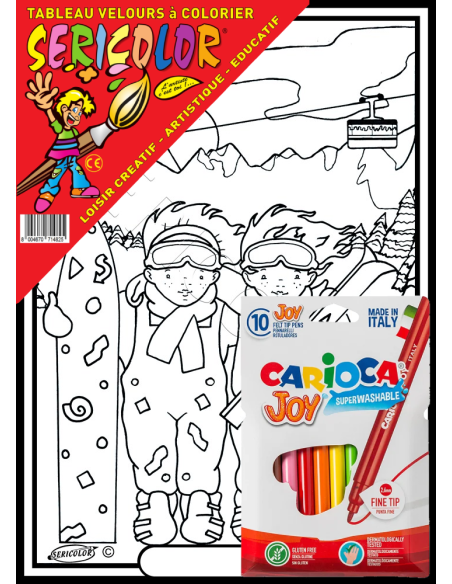 Les enfants au ski. Tableau à colorier Sericolor® avec contours relief en velours