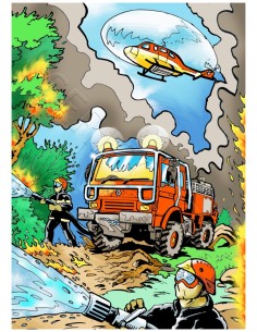 L'hélicoptère et le camion des pompiers. Tableau à...