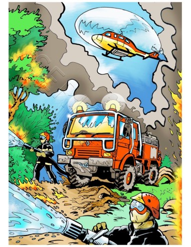 L'hélicoptère et le camion des pompiers. Tableau à colorier Sericolor® avec contours relief en velours