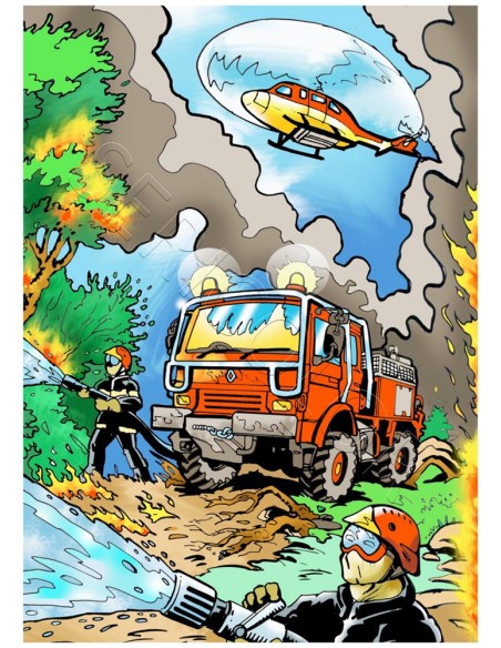 L'hélicoptère et le camion des pompiers. Tableau à colorier Sericolor® avec contours relief en velours