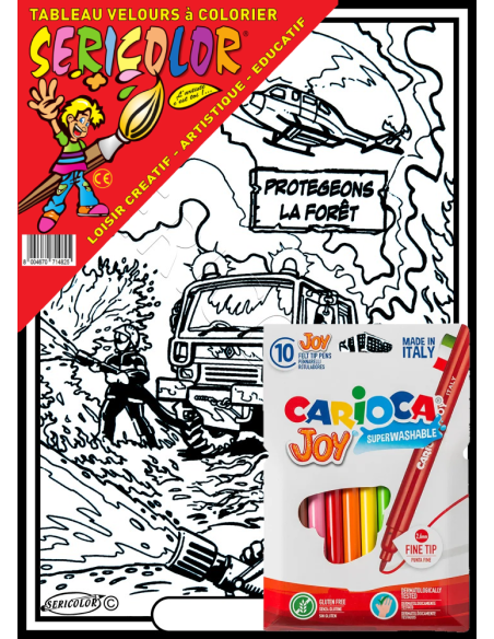 L'hélicoptère et le camion des pompiers. Tableau à colorier Sericolor® avec contours relief en velours
