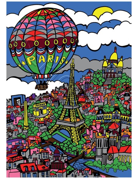 Paris en montgolfière. Tableau à colorier Sericolor® avec contours relief en velours