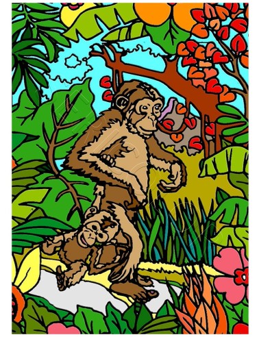 Les singes. Tableau à colorier Sericolor® avec contours relief en velours