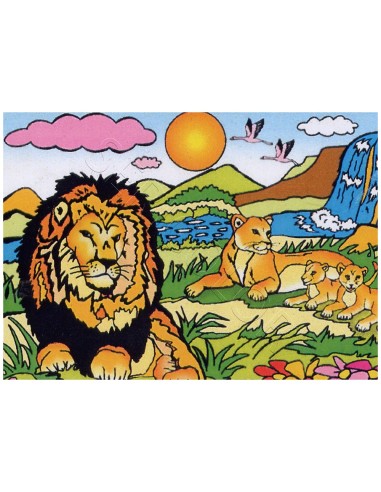 La famille Lion. Tableau à colorier Sericolor® avec contours relief en velours
