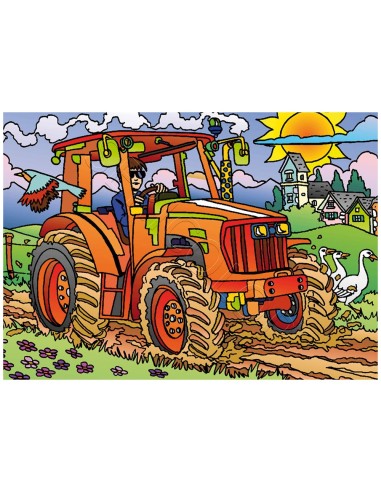 Le tracteur dans les champs. Tableau à colorier Sericolor® avec contours relief en velours