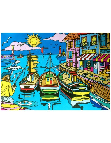Le port de pêche. Tableau à colorier Sericolor® avec contours relief en velours