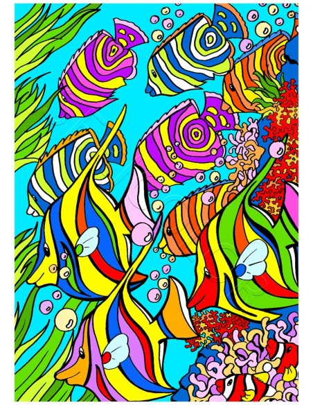 Les poissons exotiques. Tableau à colorier Sericolor® avec contours relief en velours
