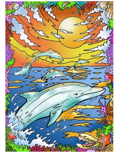 Les dauphins au crépuscule. Tableau à colorier Sericolor® avec contours relief en velours