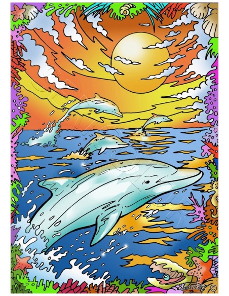 Les dauphins au crépuscule. Tableau à colorier Sericolor® avec contours relief en velours
