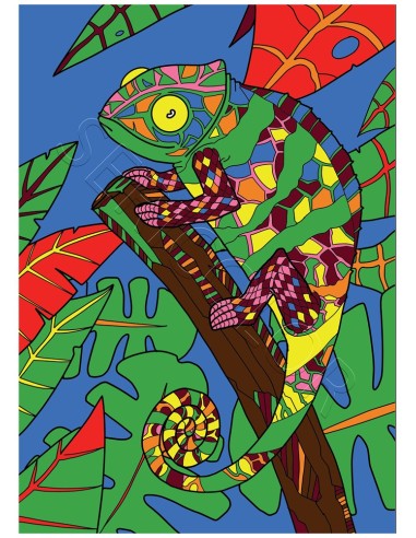 Le caméléon par Gregory. Tableau à colorier Sericolor® avec contours relief en velours