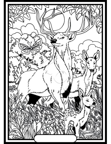 Le cerf, la biche et leur petit. Tableau à...